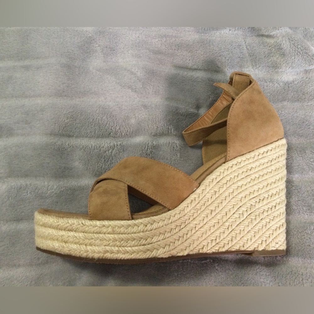 Lisa Vicky Gemi Cognac Kid Suede Platform Espadrille Wedges Size 9M - Picture 11 of 12